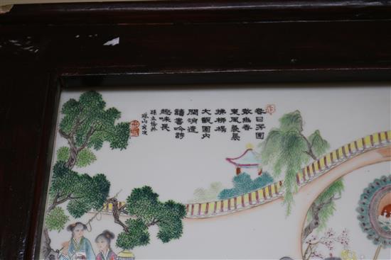 A large Chinese famille rose plaque, framed 52 x 97cm approx. excl. frame